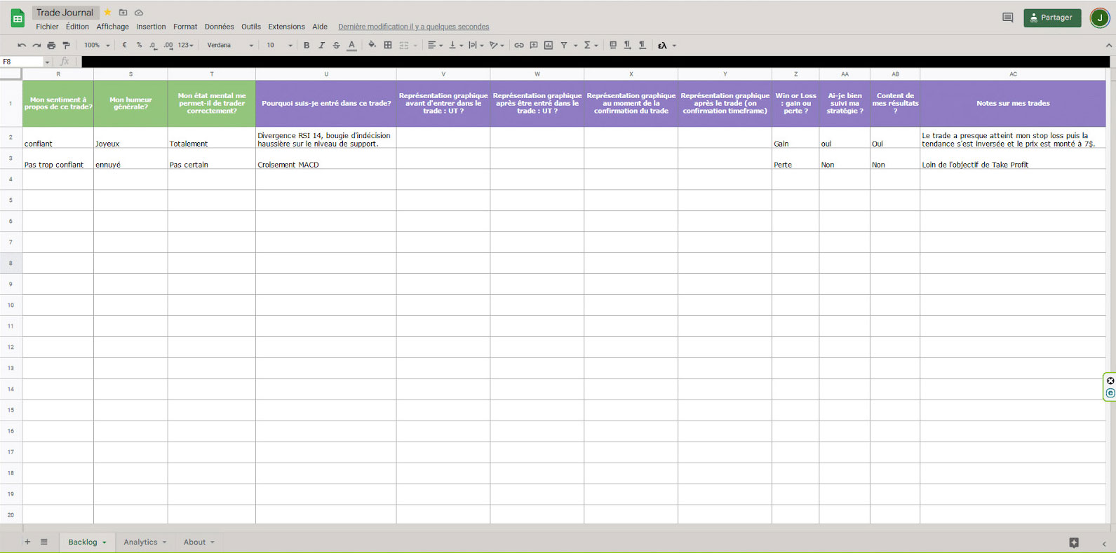 trading journal excel example part 1