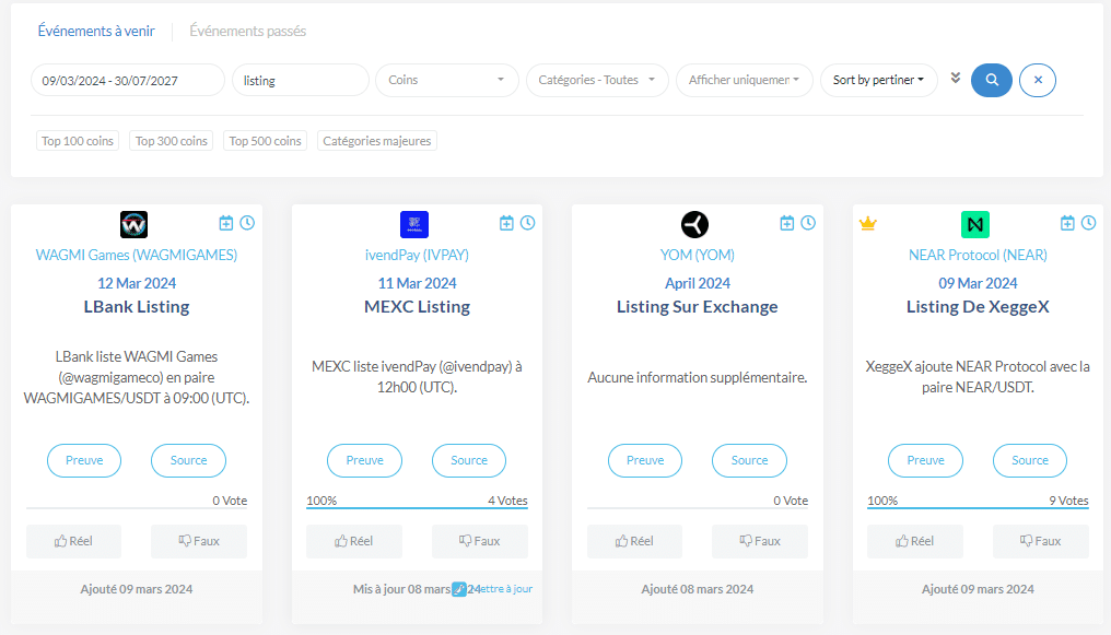 searching for crypto listings on CoinMarketCal