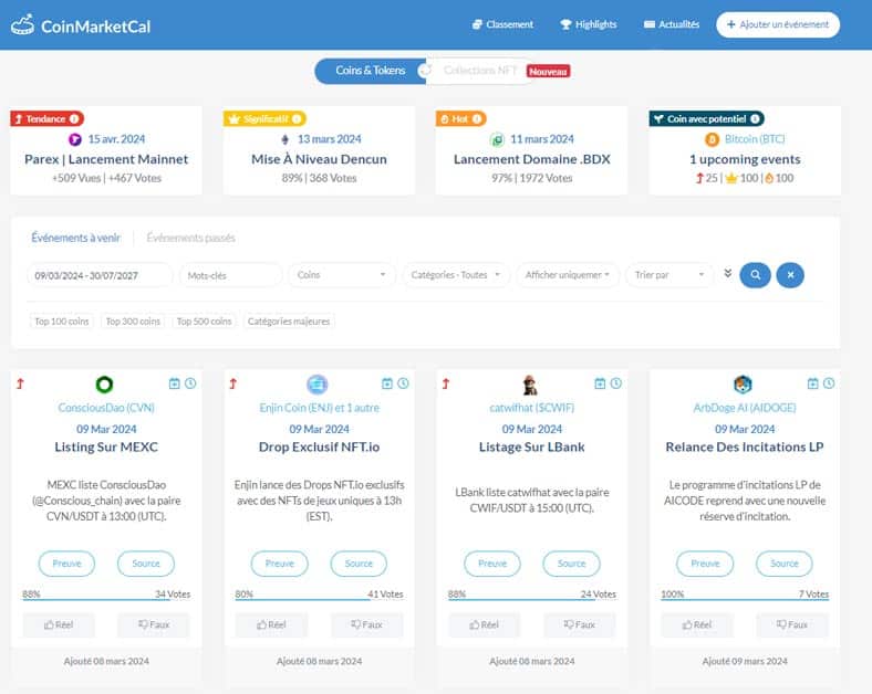 CoinMarketCal home page