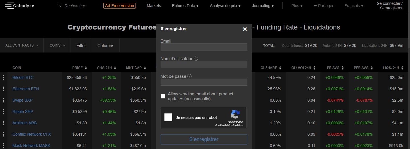 signing up on coinalyze